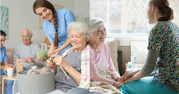 Two images split down the middle, on one side a care home with two residents and two carers and on the other a carer with a service user sitting on their own bed in their own house