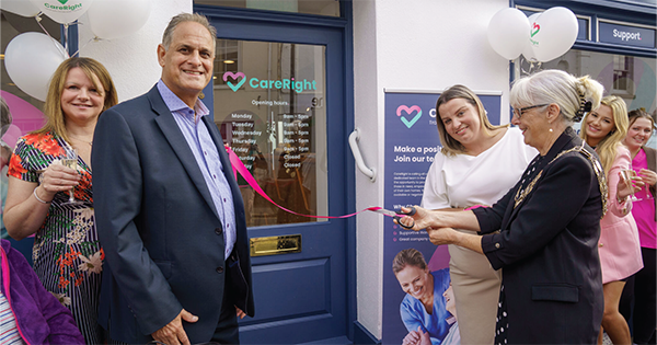 Photograph from CareRight launch party showing the mayor, Manny hussain owner and care managers Kelly Stevens and Marie Ebsworth