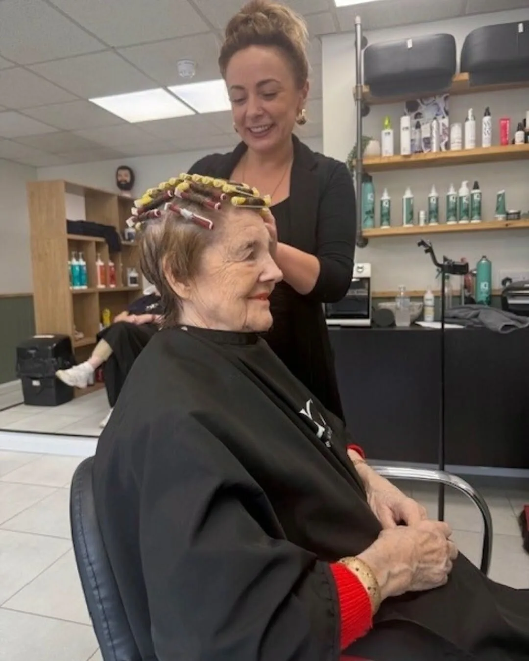 Pam having her perm refreshed at Infinity Hair and Beauty in Torquay